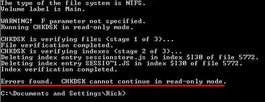 CHKDSK cannot continue in read-only mode