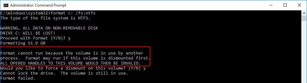 Unable to Format C Drive Command Prompt