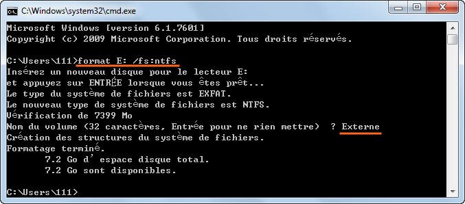 Formater exFAT en NTFS CMD