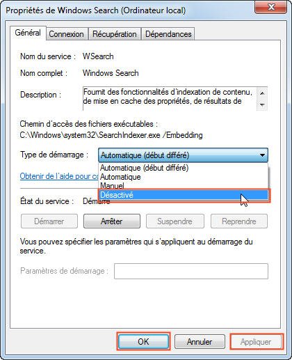 Desactiver Proprietes Windows Search