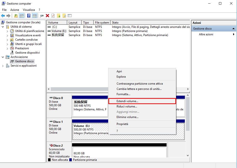 Estendi Volume in Gestione disco Windows 10