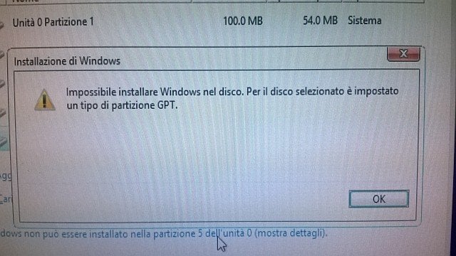Impossibile installare windows 7 su disco GPT