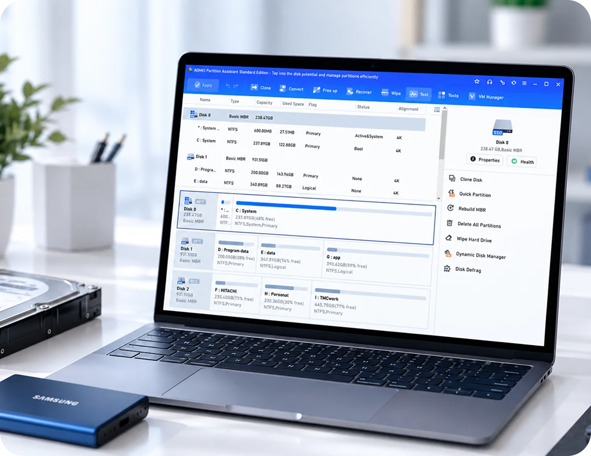 Laptop with AOMEI Partition Assistant next to an SSD
