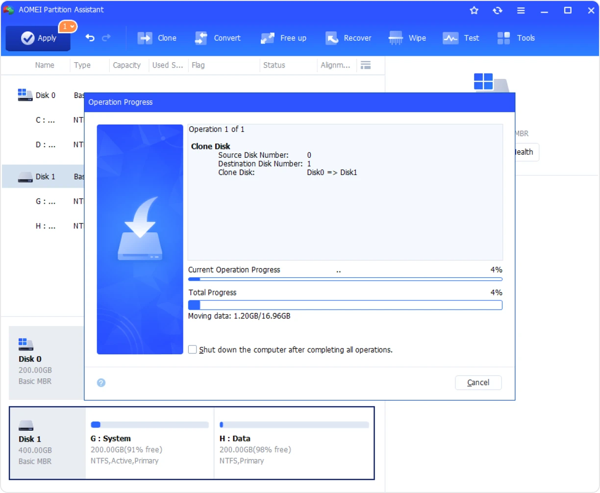 AOMEI Partition Assistant clone disk operation progress