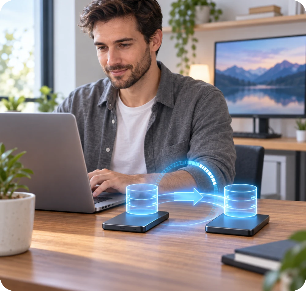 Man cloning a hard drive to an SSD at a desk
