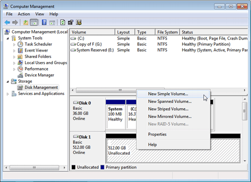 Create Partition with Disk Management Snap-in