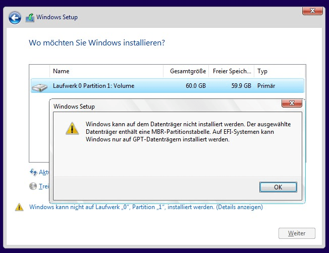 Windows kann auf diesem Datenträger nicht installiert werden (MBR)