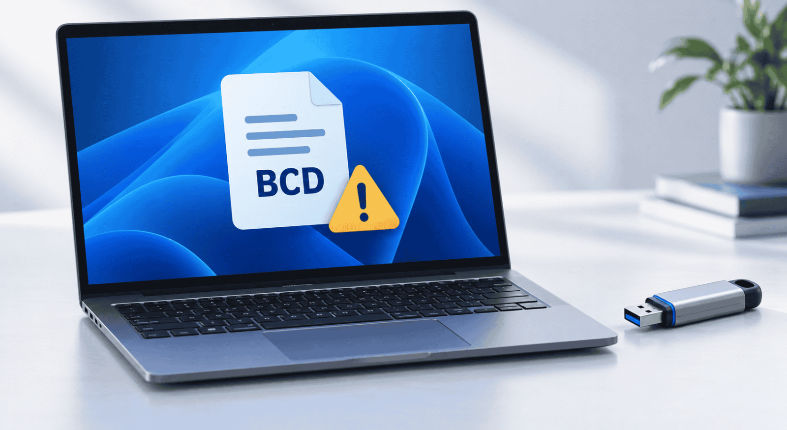 Laptop mit BCD-Warnsymbol und USB-Laufwerk zur Startreparatur