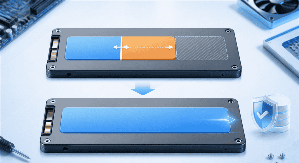 Zwei benachbarte Bereiche einer SSD werden nach einer Datensicherung zu einer größeren Partition zusammengeführt