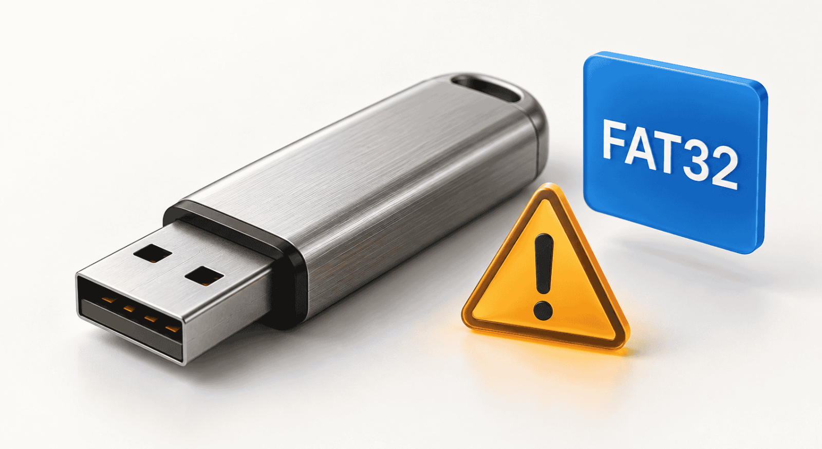 USB-Stick mit FAT32-Symbol und Warnzeichen für ein Formatierungsproblem