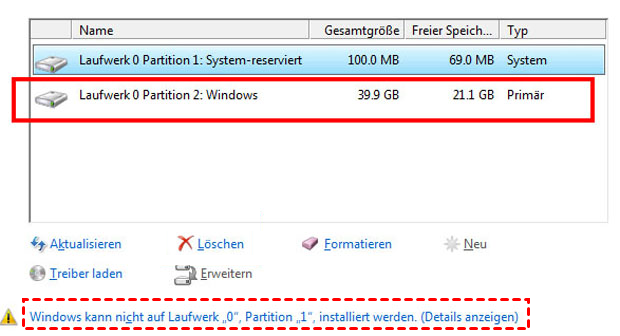 Windows kann nicht auf Datenträger 0 Partition 1 installiert werden