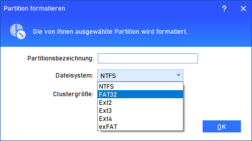FAT32 oder NTFS Dateisysteme wählen