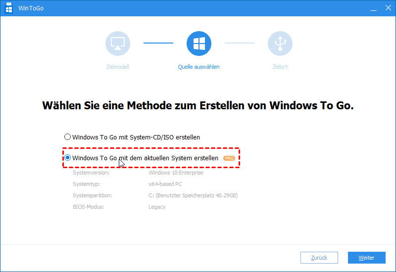 Windows to Go mit dem aktuellen System erstellen