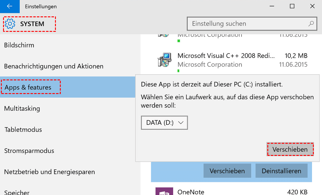 Apps verschieben in Windows 10-Einstellung
