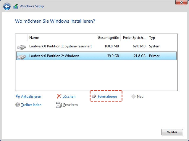 Windows 10 Festplatte C: formatieren