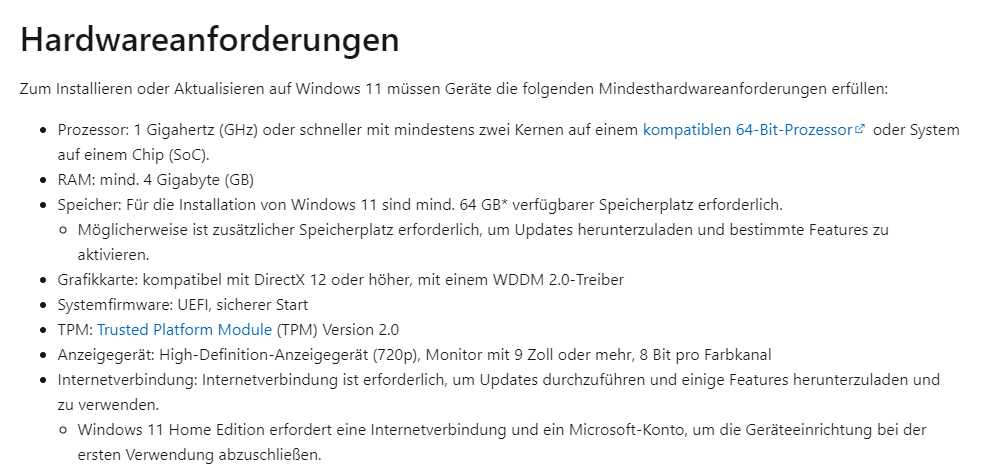 Windows 11 Hardwareanforderungen
