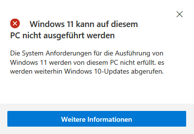 Windows 11 kann auf diesem Computer nicht ausgeführt werden