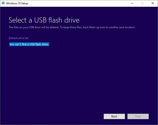 Can't a USB Flash Drive in Windows 10 Setup