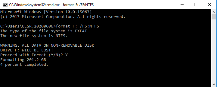 Format exFAT to NTFS in CMD