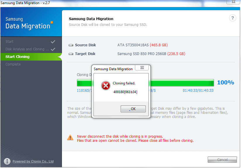 Samsung 850 EVO cloning failed