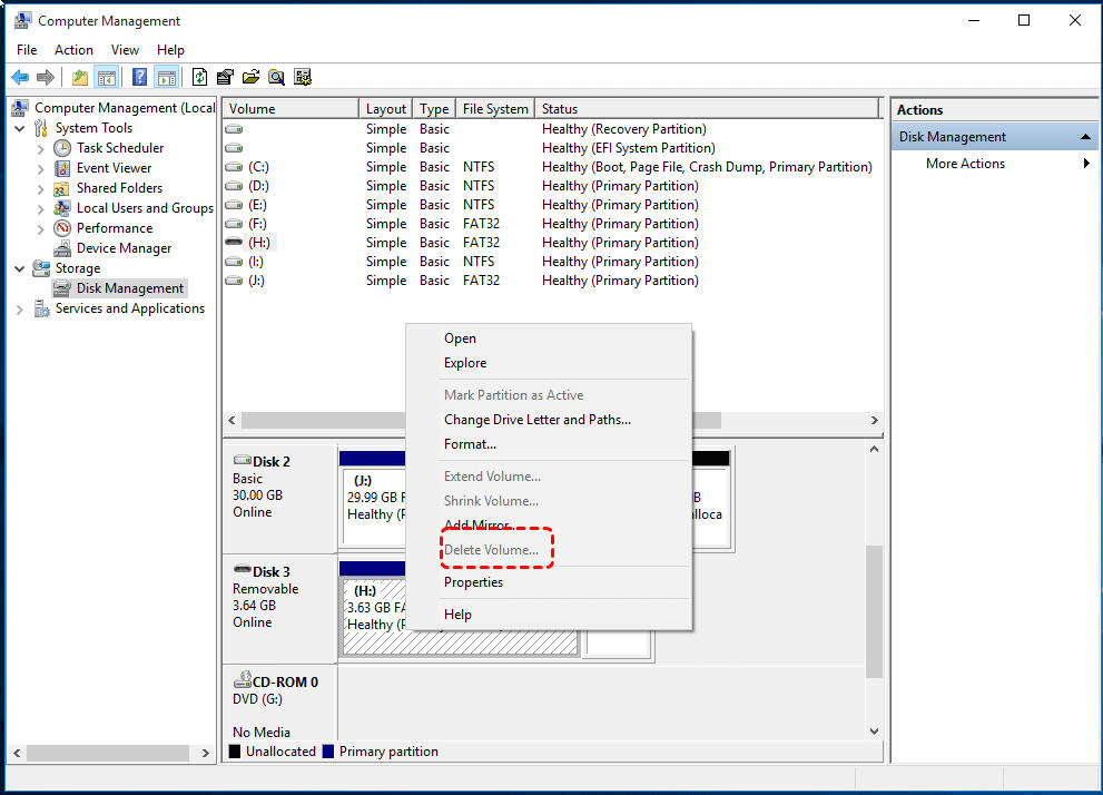 Cannot Delete Volume on USB Drive in Windows 10/8/7