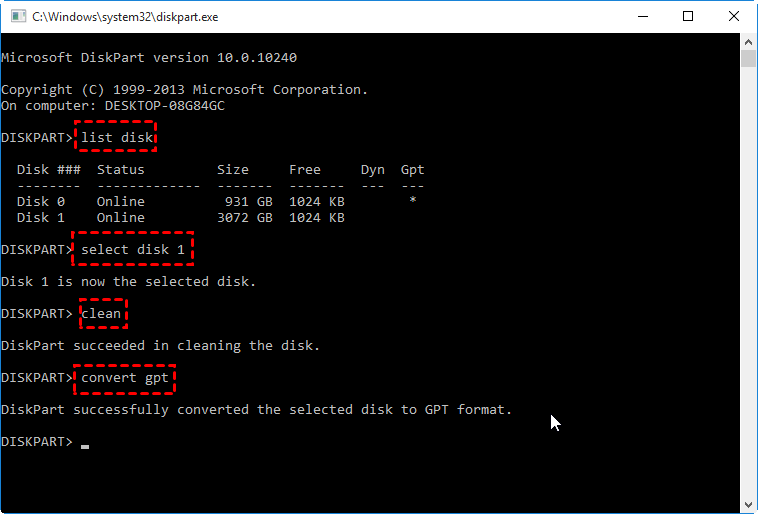 Convert mbr to gpt Diskpart