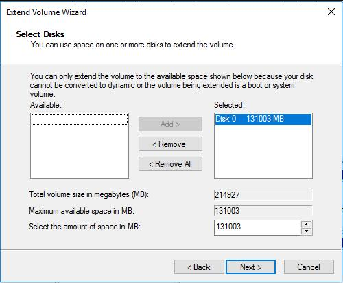 Extend Volume Wizard Select Disks
