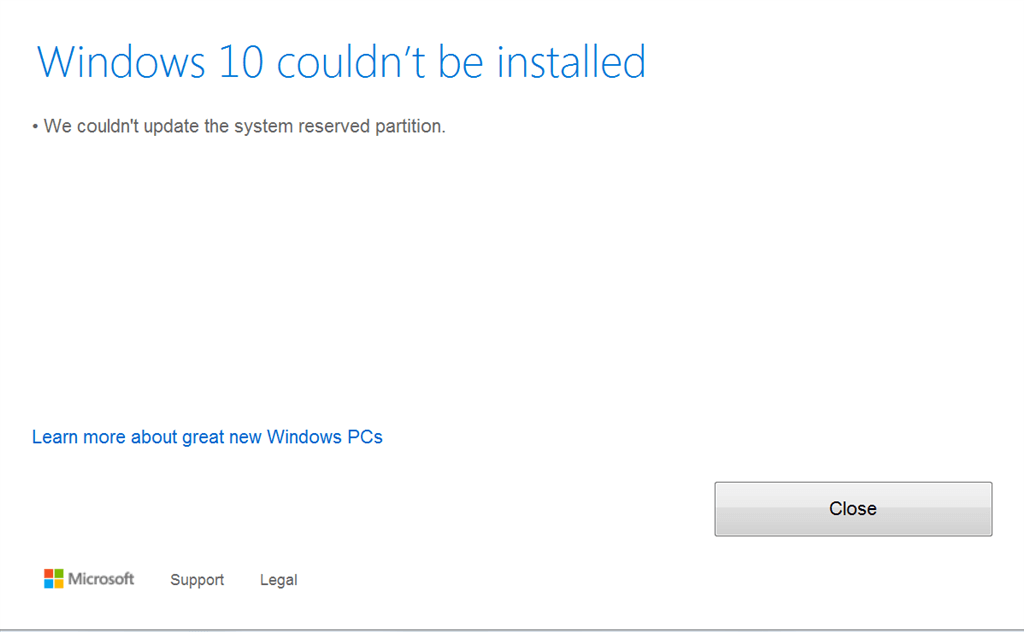 Failed to Install Windows 