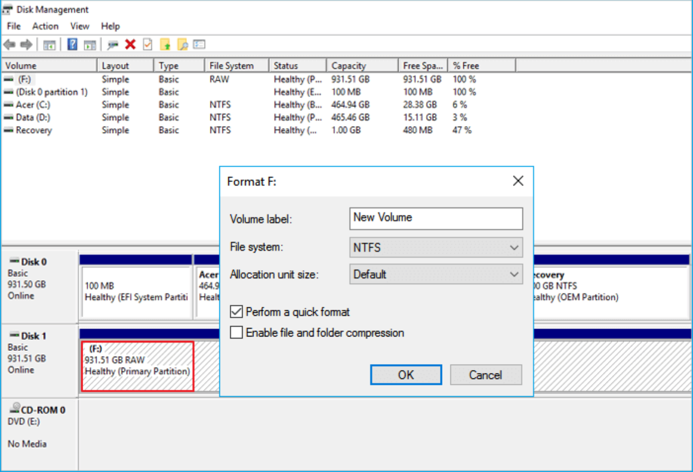 Format RAW to NTFS via Disk Management