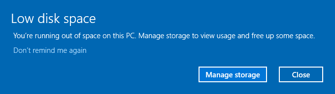 Ostrzeżenie o niskiej przestrzeni dysku Windows 10