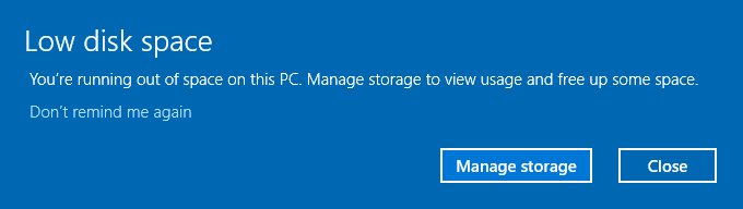 Aviso de espaço em disco baixo Windows 10