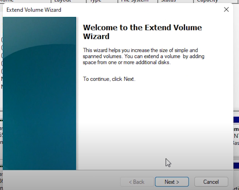Extand volume in Disk Management