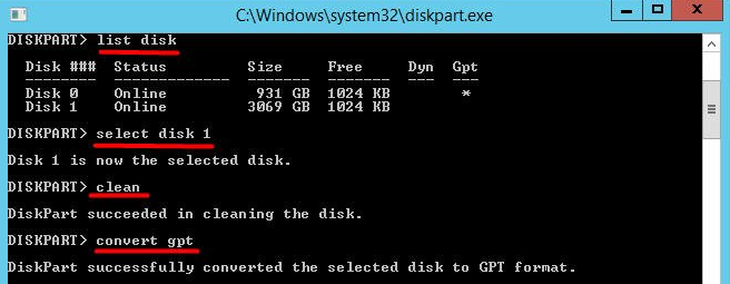 Server diskpart convert GPT