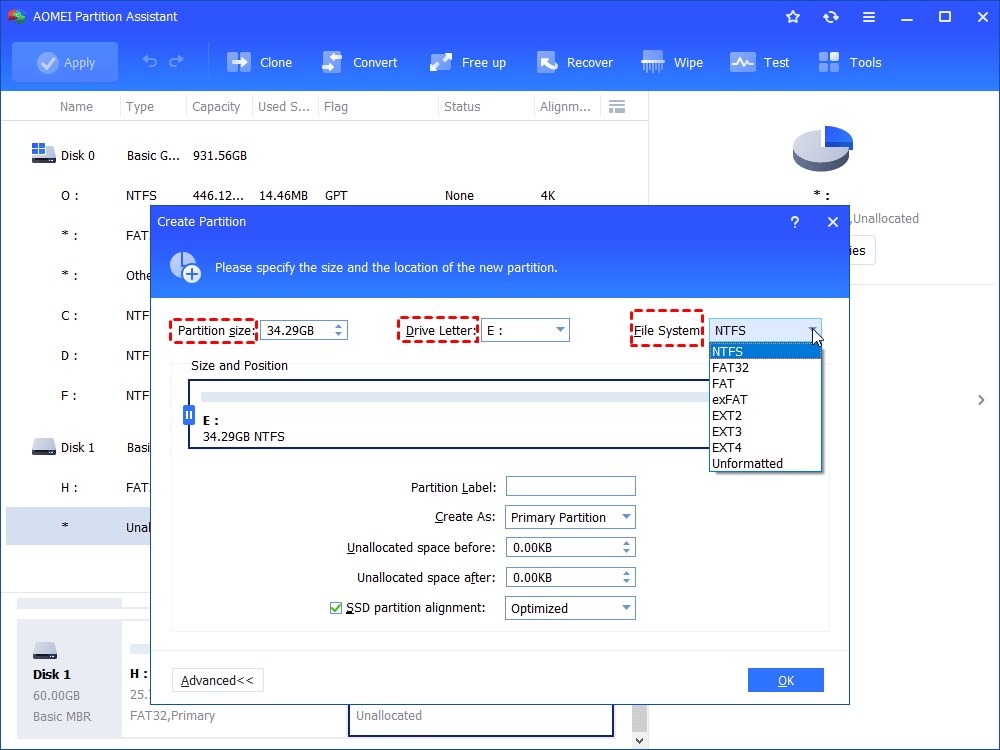 Specify Partition Size Location