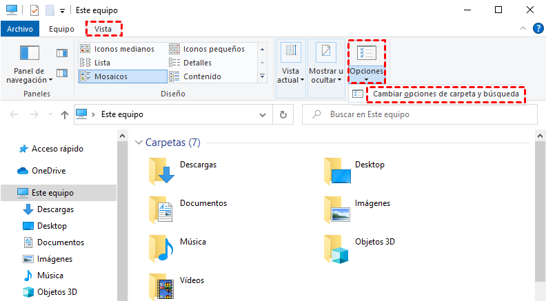 cambiar carpeta y opciones de búsqueda cambiar carpeta y opciones de búsqueda