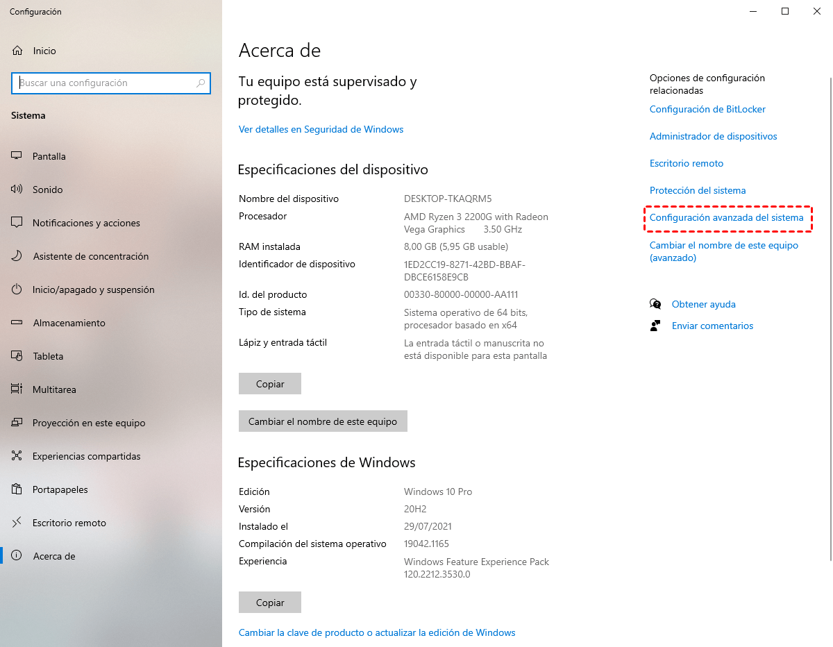 configuración avanzada del sistema configuración avanzada del sistema