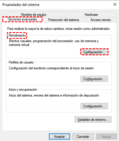 configuración de rendimiento