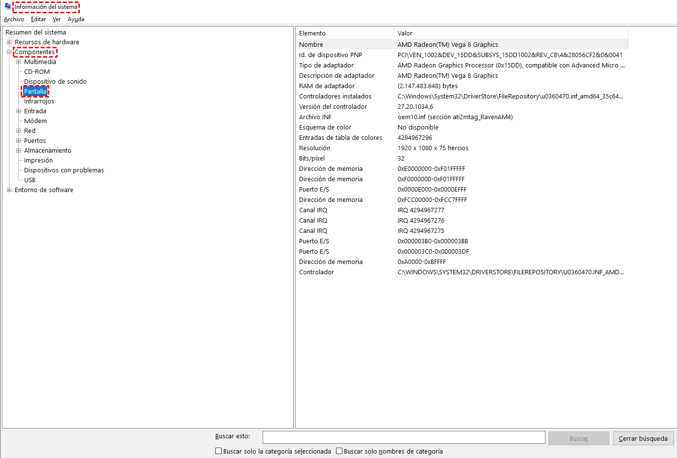 pantalla de información del sistema pantalla de información del sistema