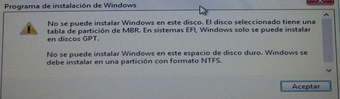 windows no puede instalarse en este disco