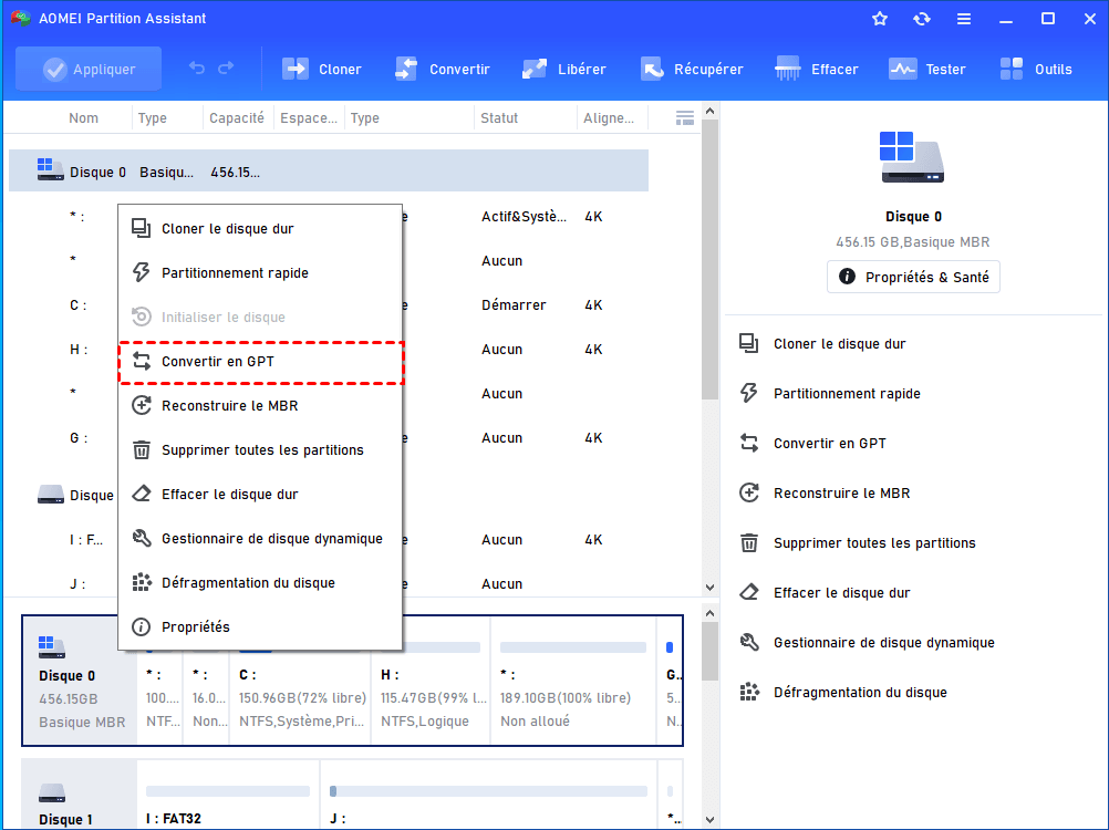 Convertir le disque système MBR en GPT