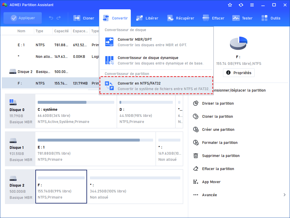 Convertir en NTFS ou FAT32