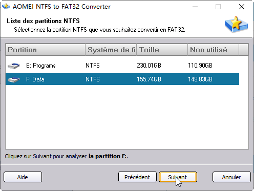 Liste des partition NTFS