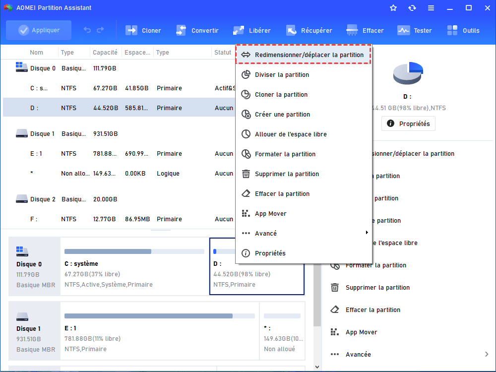 Redimensionner la partition D