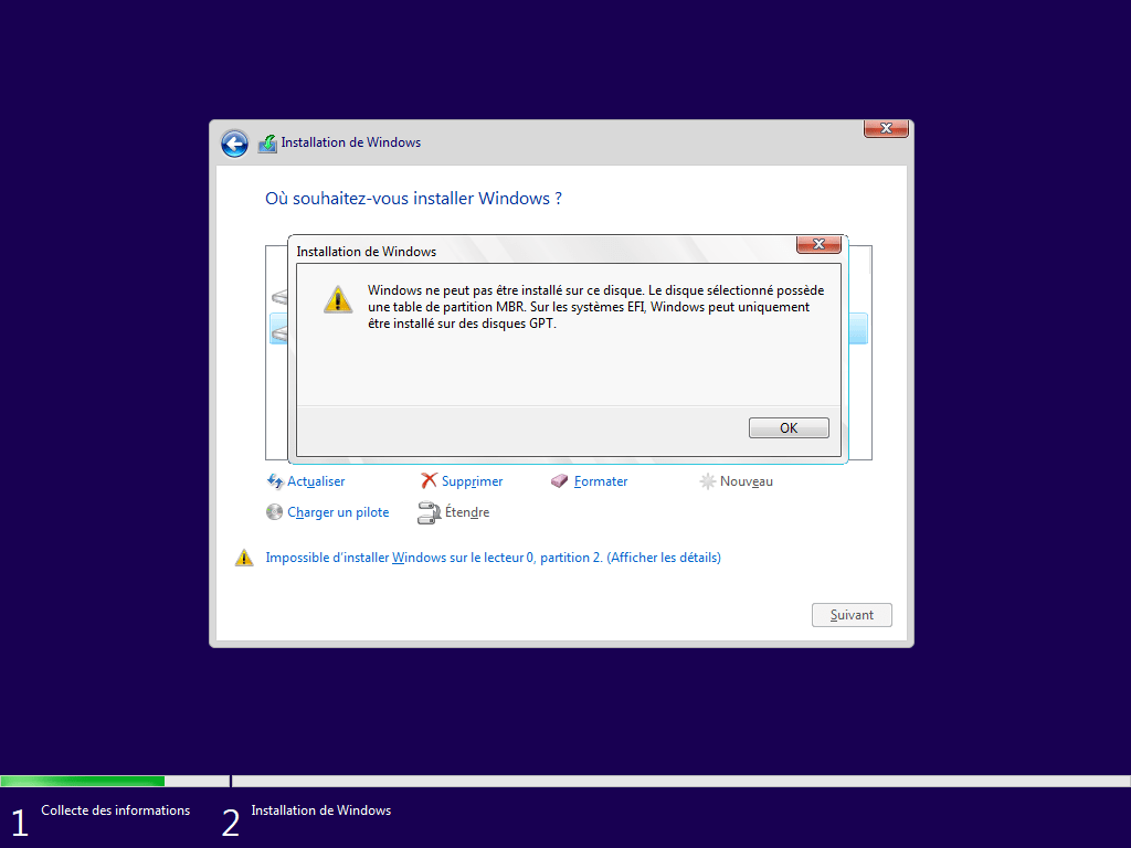 Windows ne peut pas être installé sur ce disque. Le disque sélectionné est du style de partition MBR