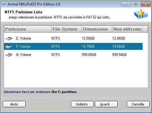 Seleziona la partizione NTFS da convertire
