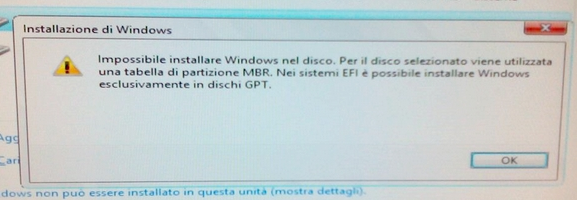 Errore Impossibile installare Windows nel disco MBR