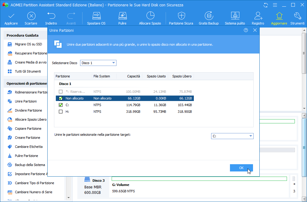 Seleziona Partizione per Unirla Seleziona Partizione per Unirla