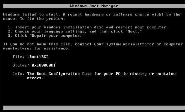 error BCD boot Windows Server 2012