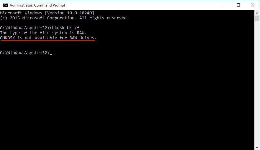 CHKDSK non è disponibile per unità raw in windows 10