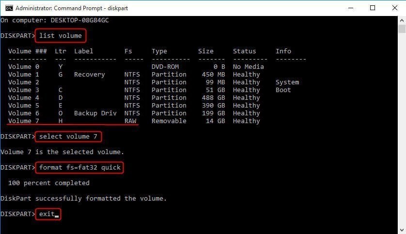 Formattare l'unità RAW utilizzando Diskpart in Windows 10